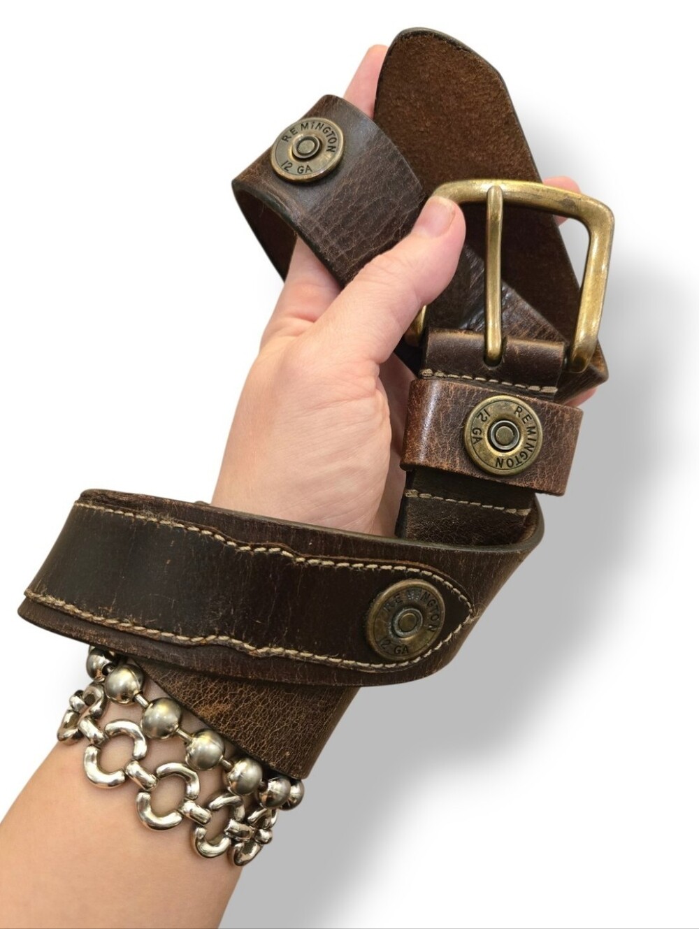Brown Leather Belt Remington Shotgun Stud Dirtbag Grunge 36 (34-38") Distressed